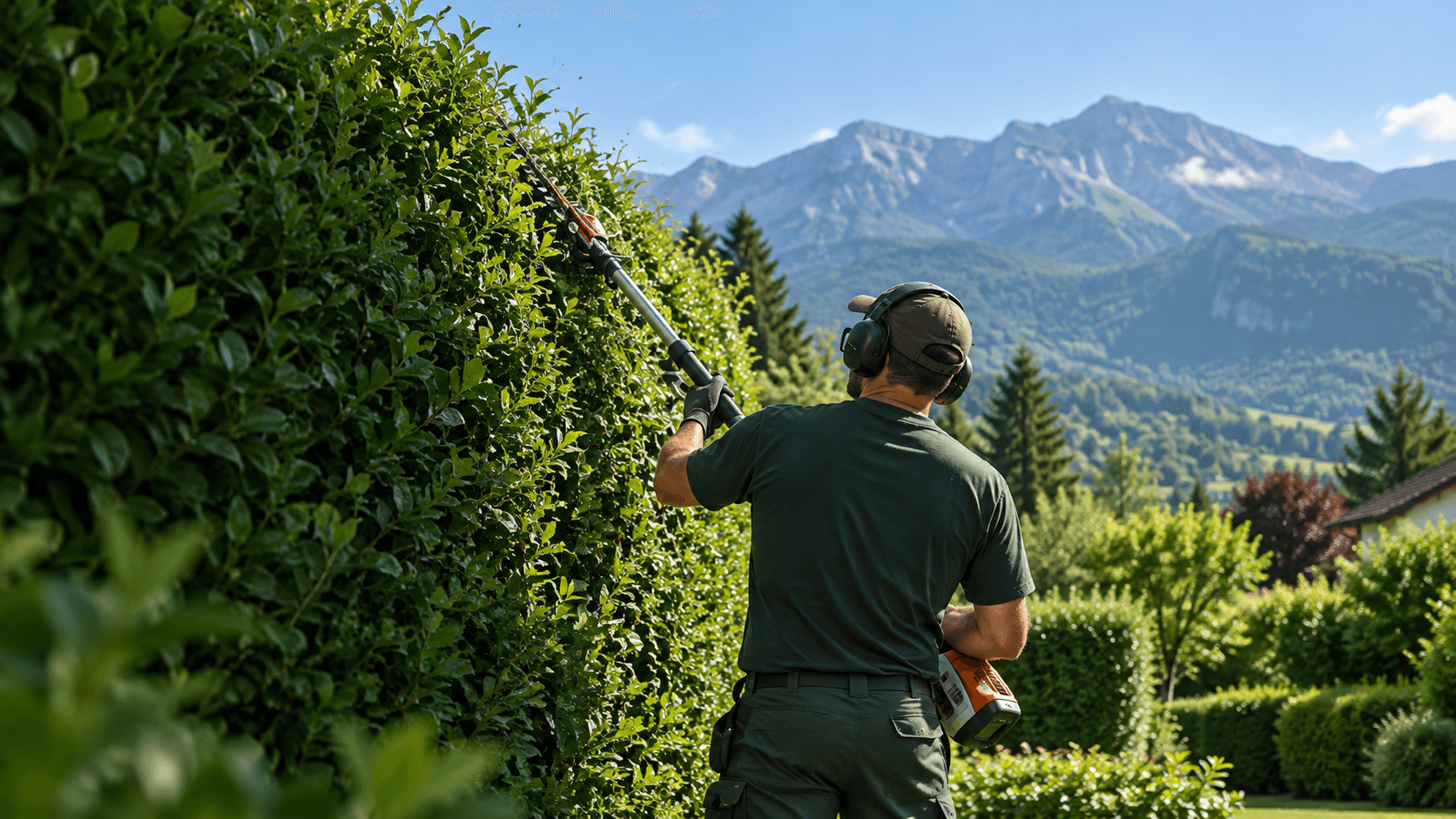 Jardinier professionnel taillant une haie dans le Grésivaudan